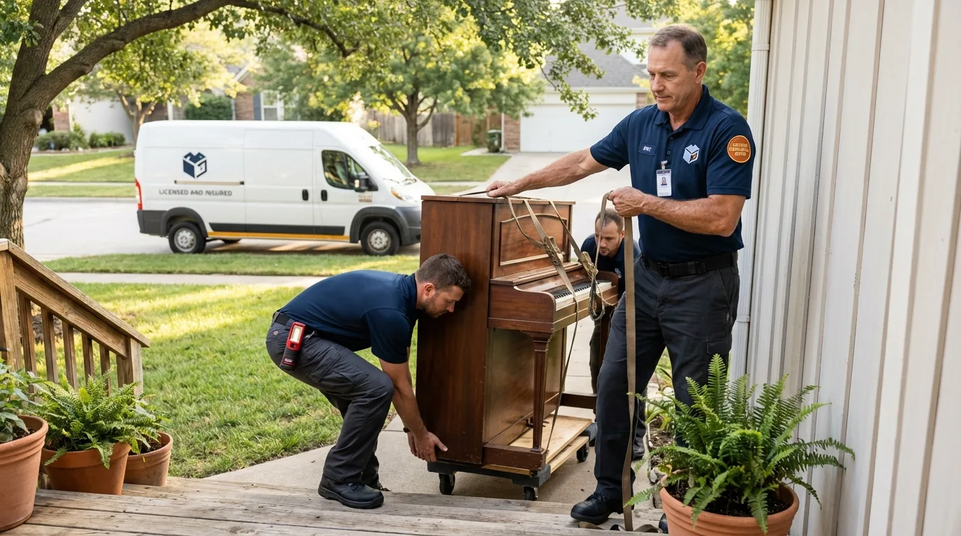Licensed piano movers securing grand piano in Northville, MI