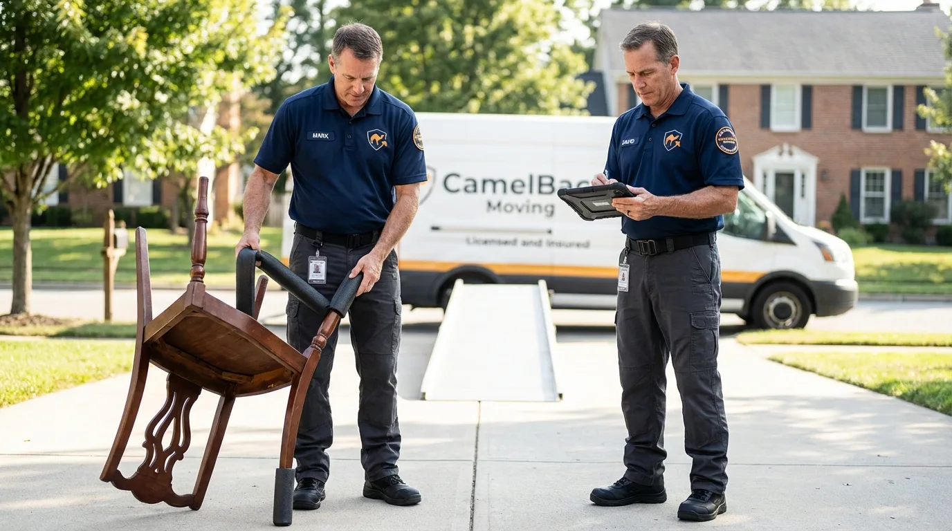 Movers inspecting furniture for damage prevention before loading in Northville, MI