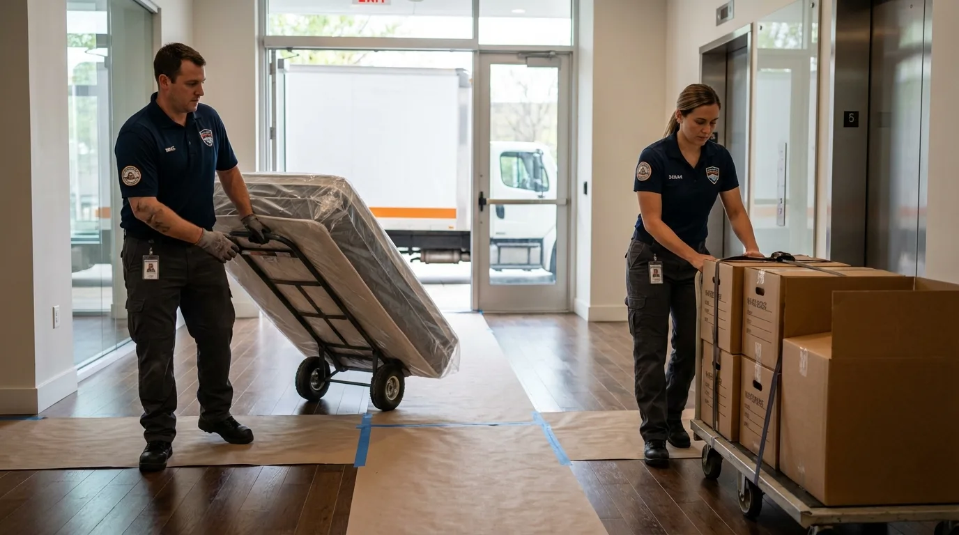 Professional apartment movers loading elevator in Northville, MI