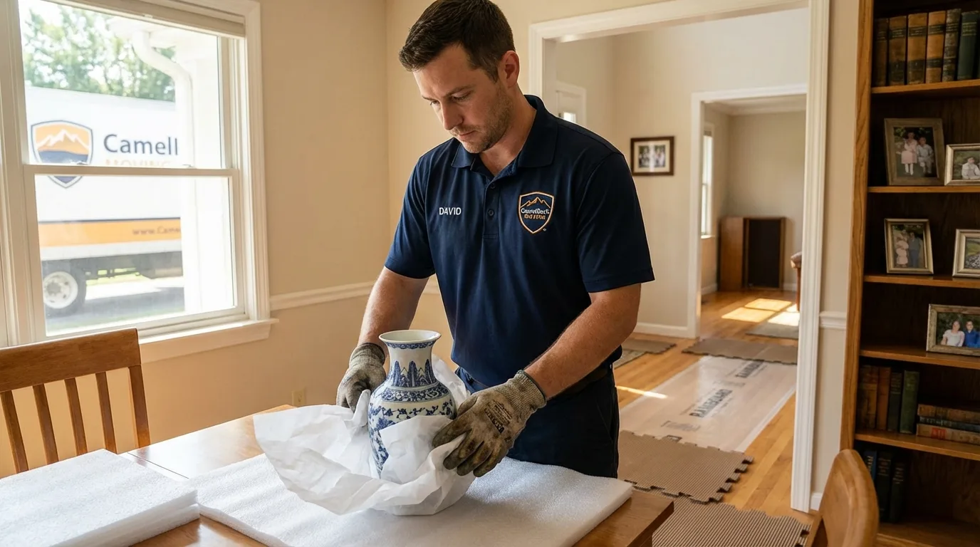 Professional crew carefully wrapping antique vase for senior downsizing move in Northville, MI