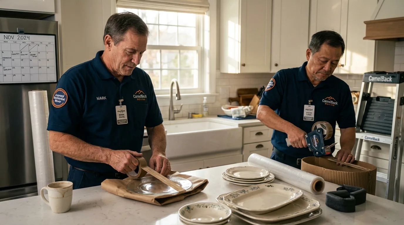 Professional crew packing kitchen dishware in Northville, MI
